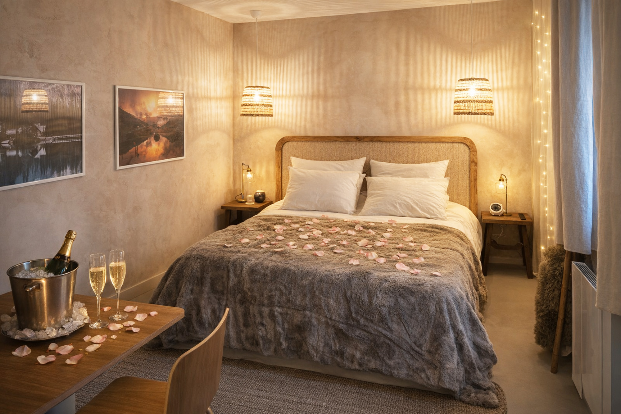 Chambre lit queen size pétales de roses